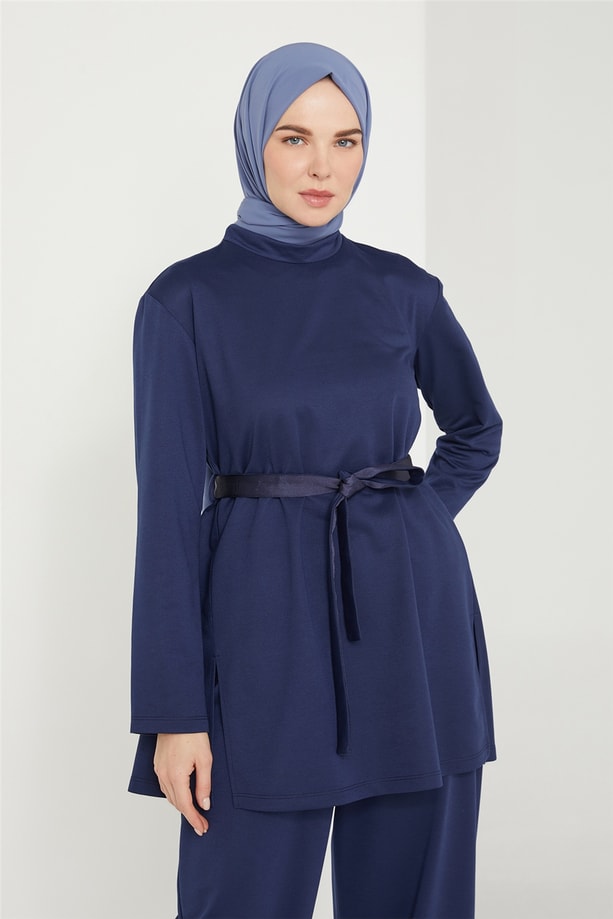 Armine Beli Lastik Detaylı Örgü Kuşaklı Takım 21K6326 Lacivert