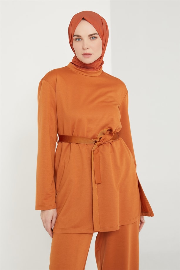 Armine Beli Lastik Detaylı Örgü Kuşaklı Takım 21K6326 Tarçın