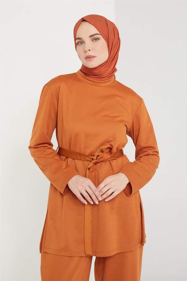 Armine Beli Lastik Detaylı Örgü Kuşaklı Takım 21K6326 Tarçın