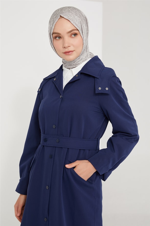 Armine Seyyar Kapüşonlu Trençkot 21K7319 Lacivert