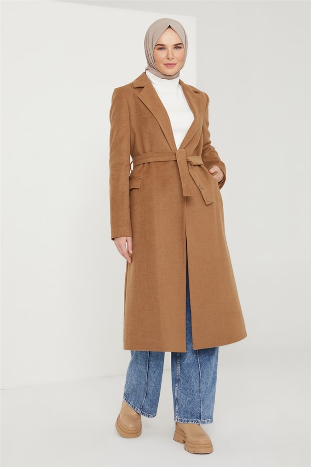 Armine Çıtçıt Ve Köprü Detaylı Kaşe Kaban 21K7401 Camel