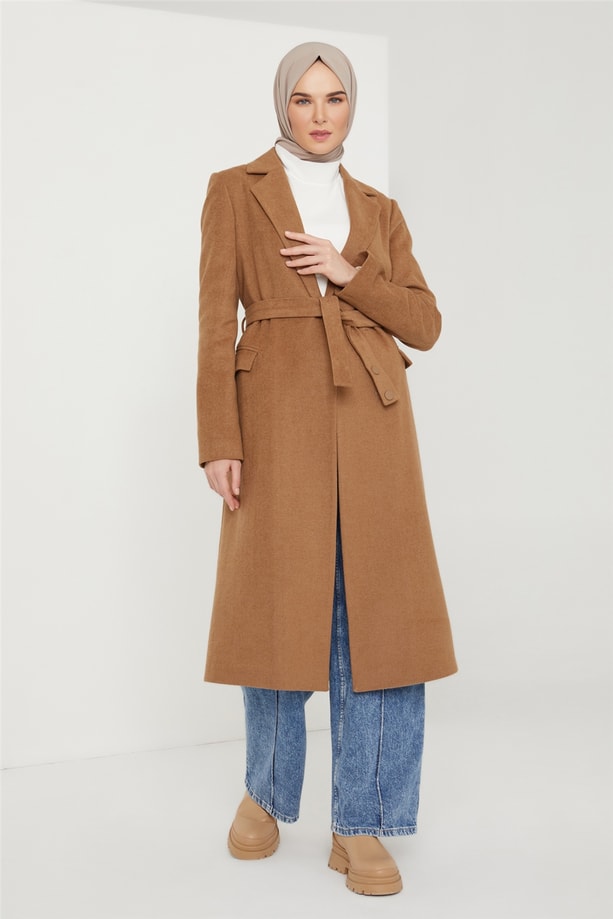 Armine Çıtçıt Ve Köprü Detaylı Kaşe Kaban 21K7401 Camel