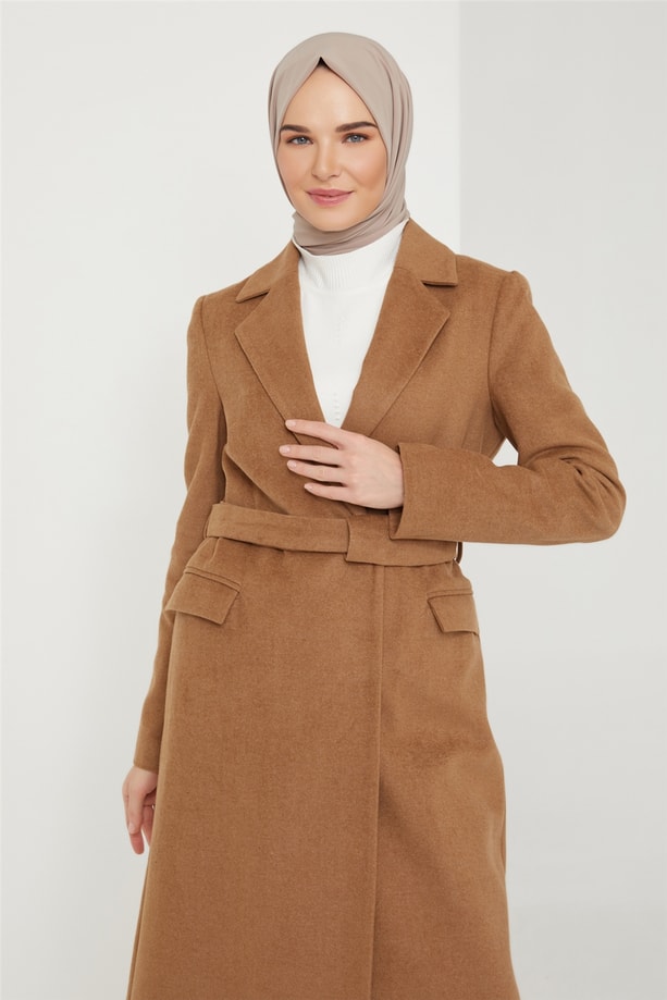 Armine Çıtçıt Ve Köprü Detaylı Kaşe Kaban 21K7401 Camel