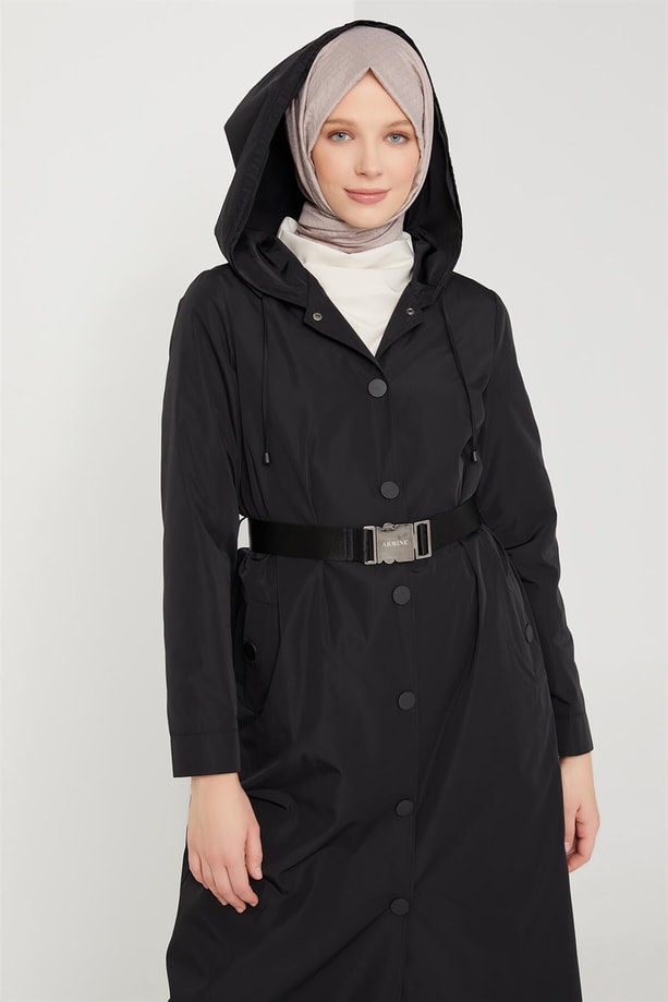 Armine Çıtçıtlı Uzun Yağmurluk Pardesü 21K8604 Siyah