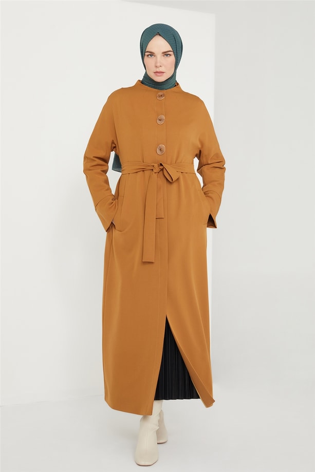 Armine Dik Yaka Bel Büzgülü Pardesü 21K8608 Camel