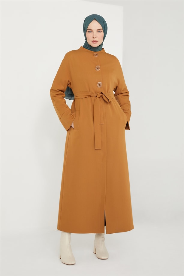 Armine Dik Yaka Bel Büzgülü Pardesü 21K8608 Camel