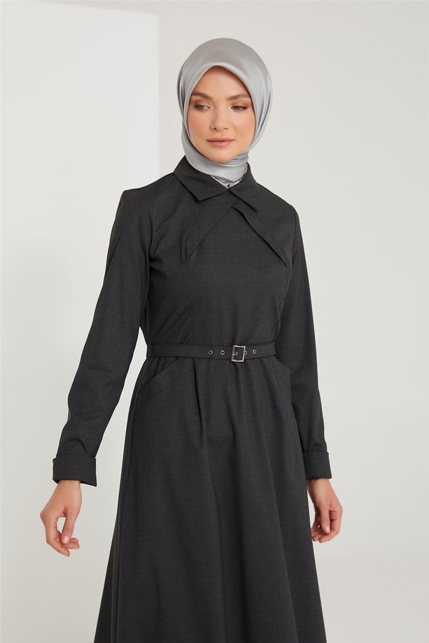 Armine Yakası Drapeli Elbise 21K9305 Antrasit