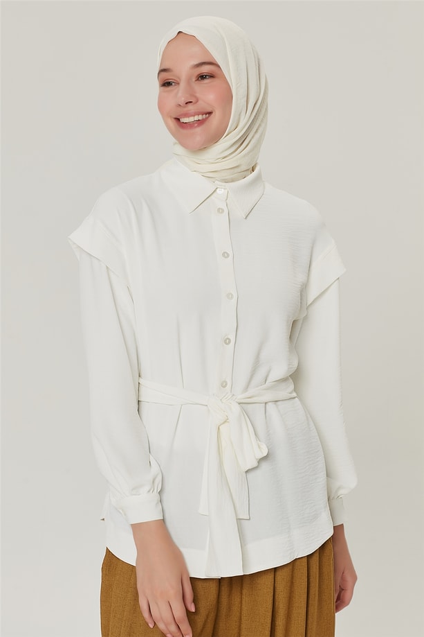 Armine Beli Kuşaklı Gömlek 21Y3972 Ekru