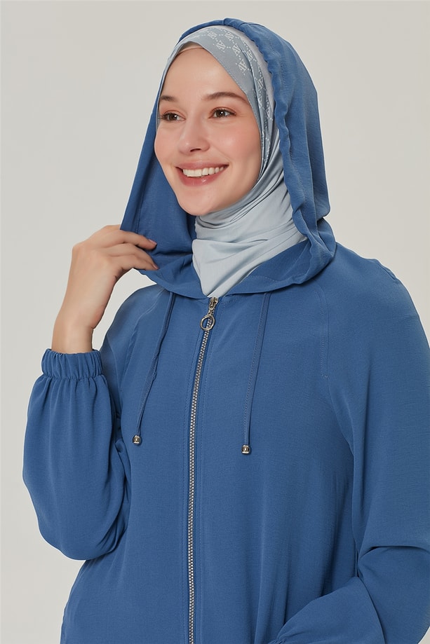 Armine Kapşonlu Reglan kollu etek ucu lastikli Kap 21Y7290 İndigo