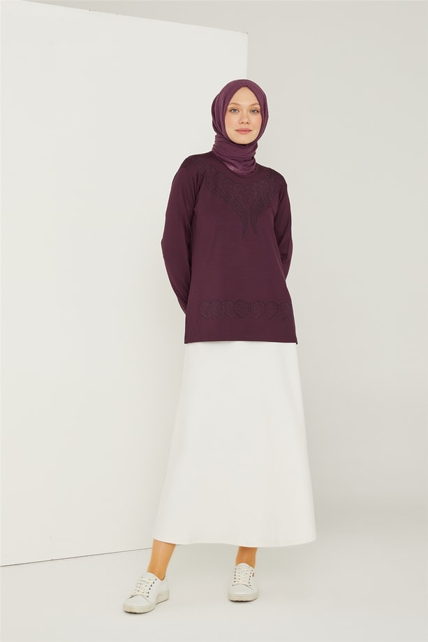 Armine Etek Ucu Taşlı Penye 21YD9003 Mürdüm