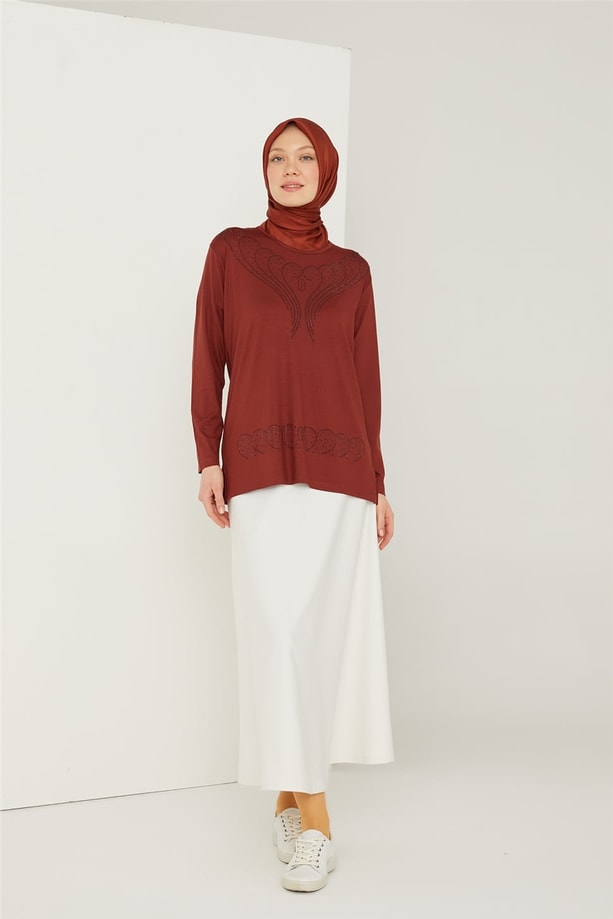 Armine Etek Ucu Taşlı Penye 21YD9003 Tarçın