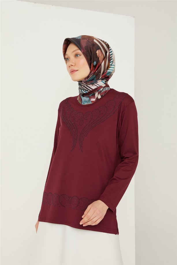 Armine Etek Ucu Taşlı Penye 21YD9003 Vişne
