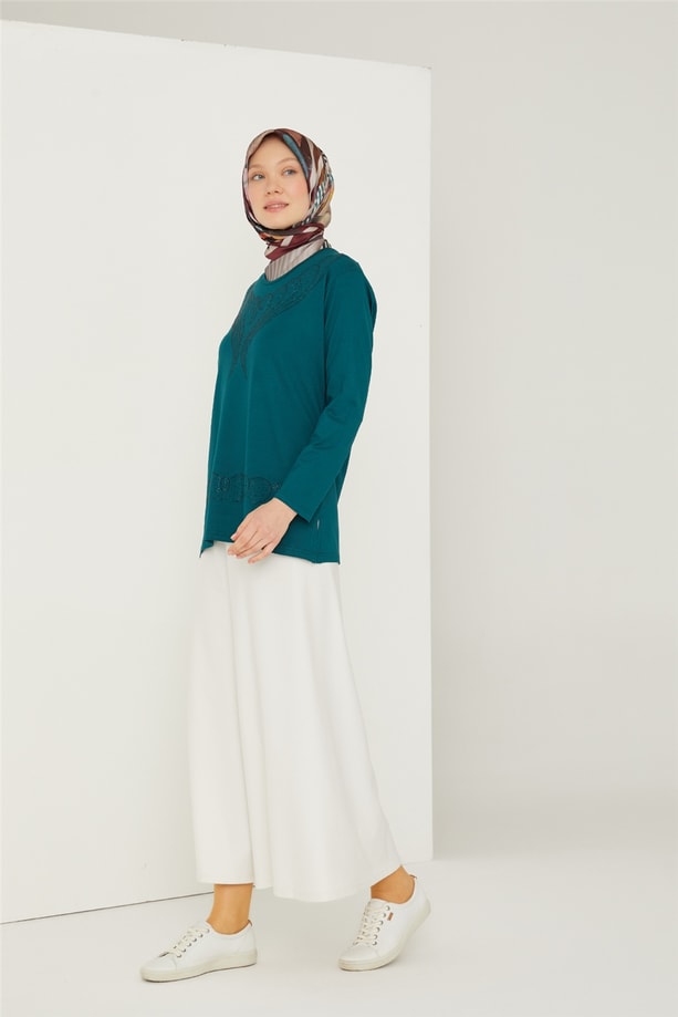 Armine Etek Ucu Taşlı Penye 21YD9003 Zümrüt