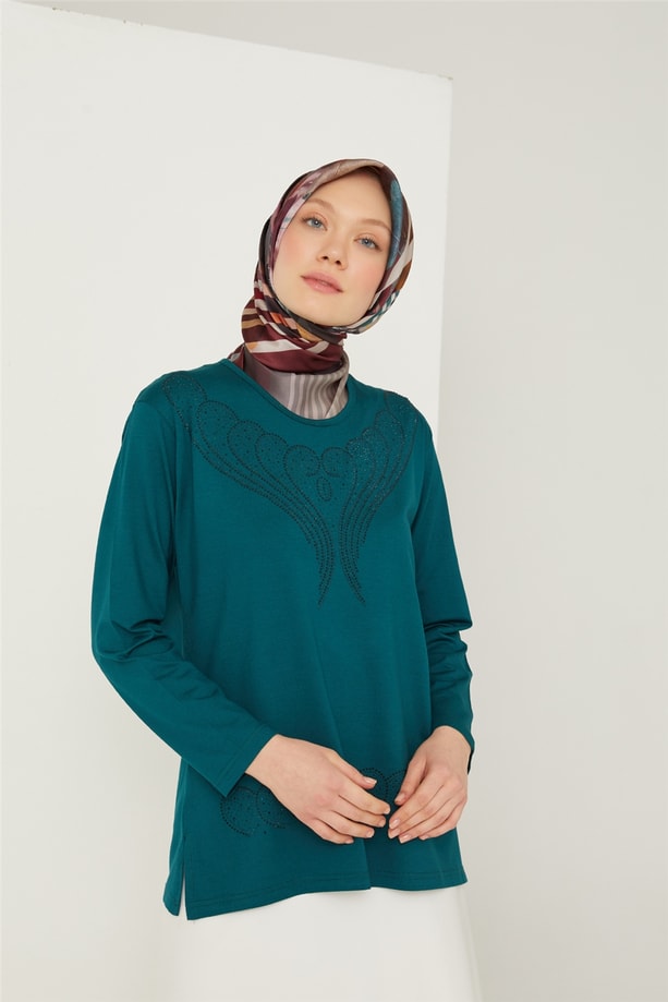 Armine Etek Ucu Taşlı Penye 21YD9003 Zümrüt