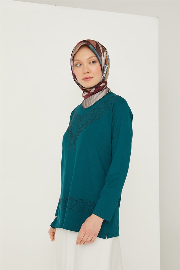 Armine Etek Ucu Taşlı Penye 21YD9003 Zümrüt