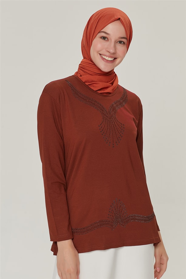 Armine Etek Ucu Taşlı Penye 21YD9005 Tarçın