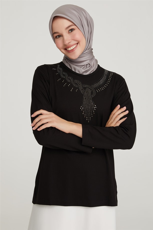 Armine Yakası Taşlı Penye 21YD9015 Siyah
