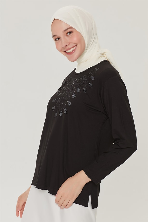 Armine Nakışlı Yaka Penye 21YD9021 Siyah