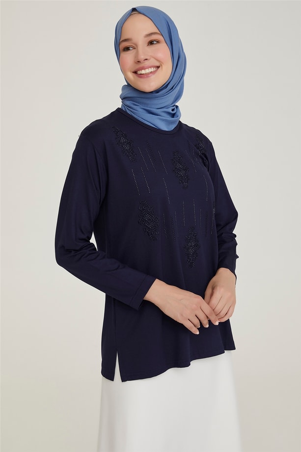 Armine Nakışlı Yaka Penye 21YD9024 Lacivert
