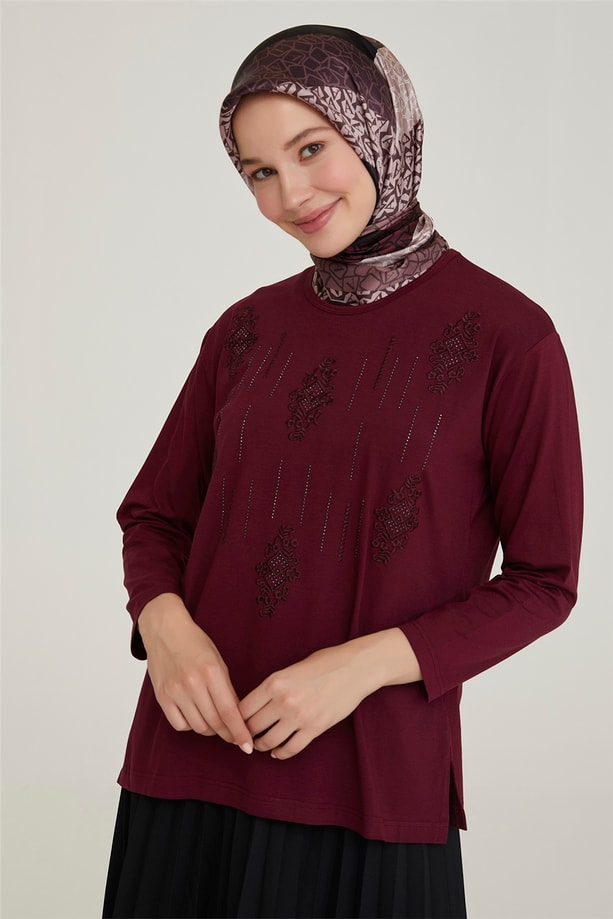 Armine Nakışlı Yaka Penye 21YD9024 Vişne