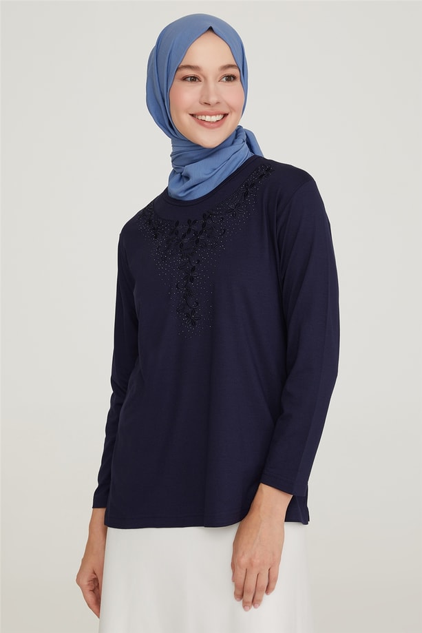 Armine Nakışlı Yaka Penye 21YD9028 Lacivert
