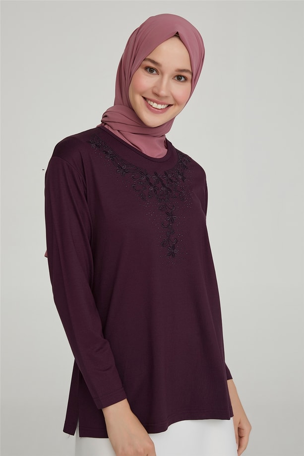 Armine Nakışlı Yaka Penye 21YD9028 Mürdüm