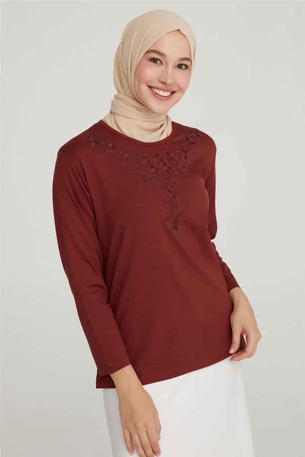 Armine Nakışlı Yaka Penye 21YD9028 Tarçın