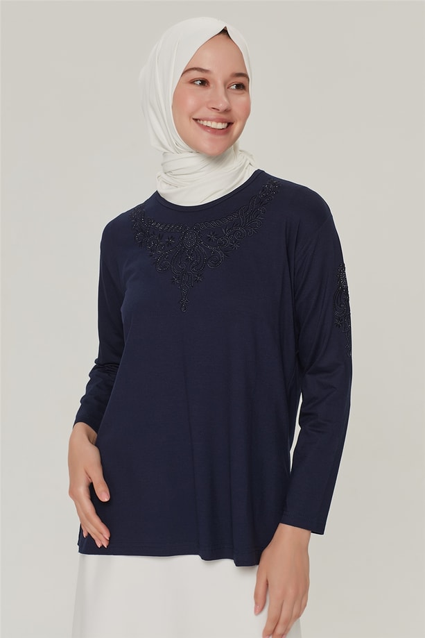 Armine Nakışlı Yaka Etek Ucu Taşlı Penye 21YD9031 Lacivert