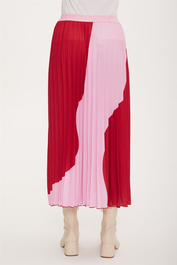 Armine Blok Renkli Beli Lastikli Plisoley Etek 22K1302 Pembe
