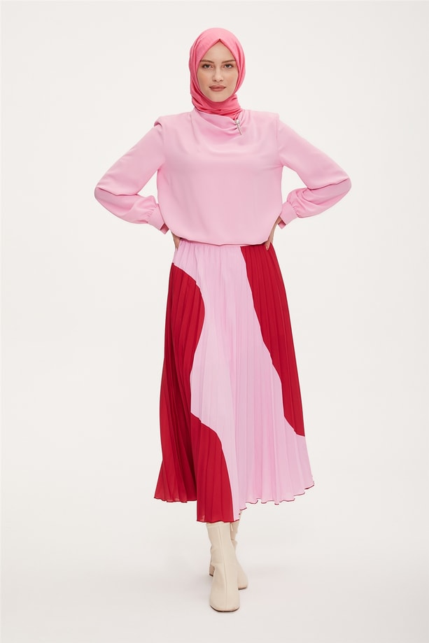 Armine Blok Renkli Beli Lastikli Plisoley Etek 22K1302 Pembe