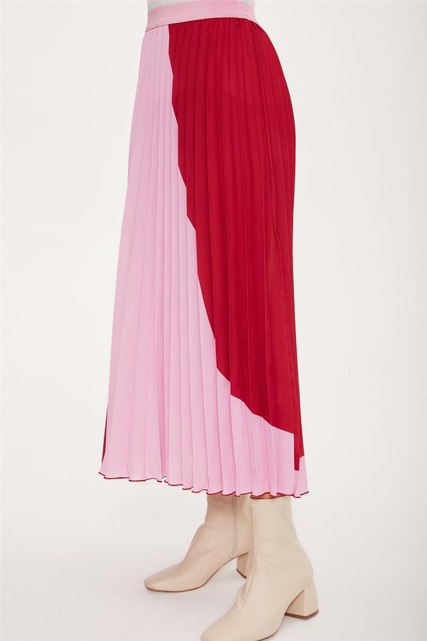 Armine Blok Renkli Beli Lastikli Plisoley Etek 22K1302 Pembe