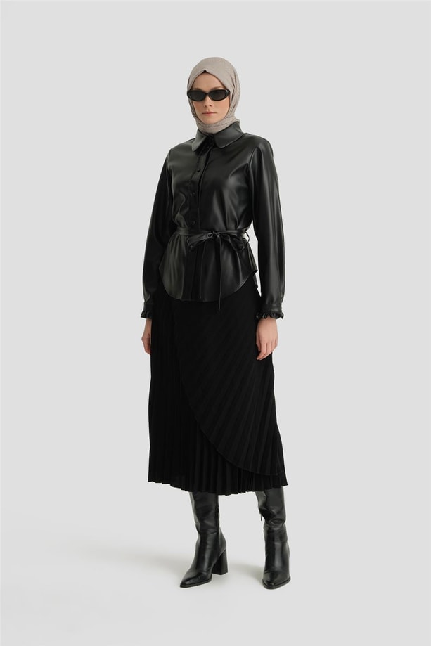 Armine Asimetrik Plisoley Etek 22K1308 Siyah