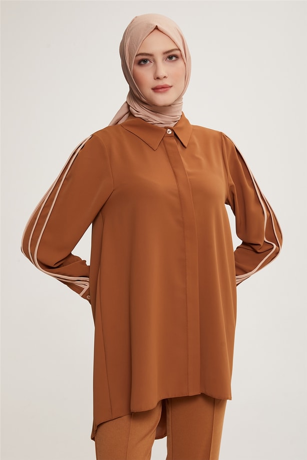 Armine Biye Detaylı Bol Gömlek 22K3101 Çikolata