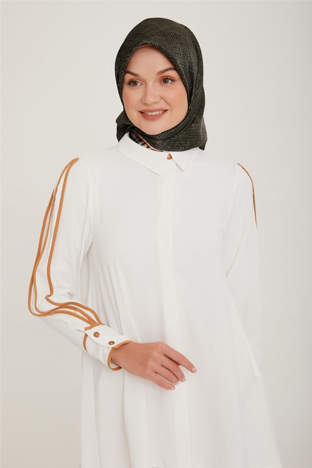 Armine Biye Detaylı Bol Gömlek 22K3101 Optik Beyaz