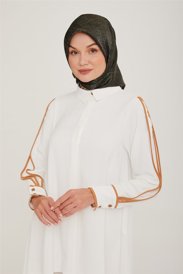 Armine Biye Detaylı Bol Gömlek 22K3101 Optik Beyaz