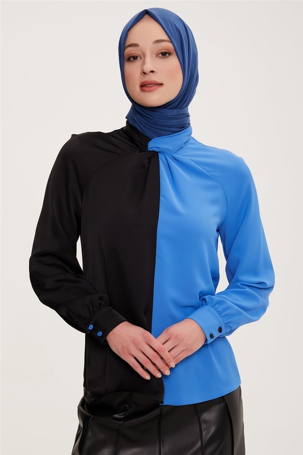 Armine İki Renkli Yaka Detaylı Bluz 22K3200 Kobalt