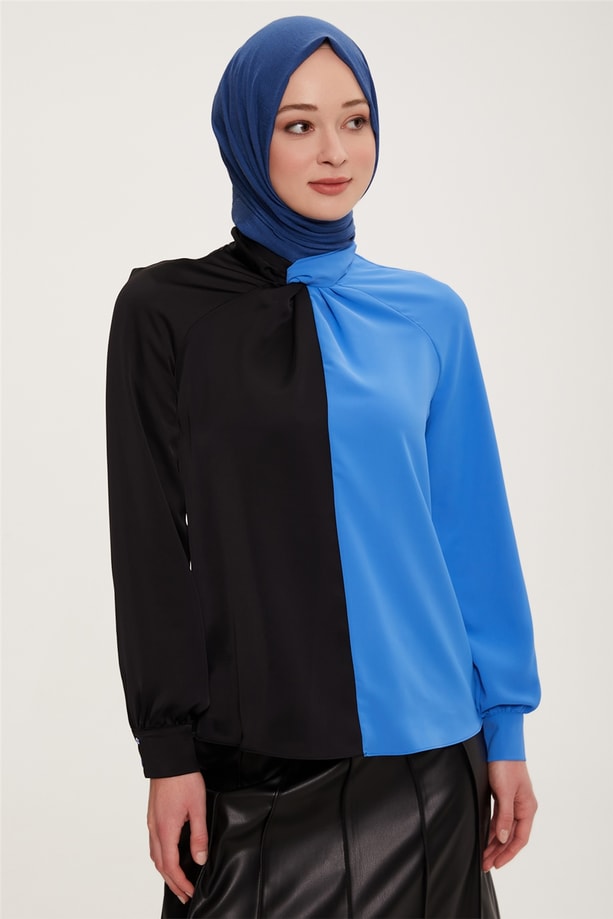 Armine İki Renkli Yaka Detaylı Bluz 22K3200 Kobalt