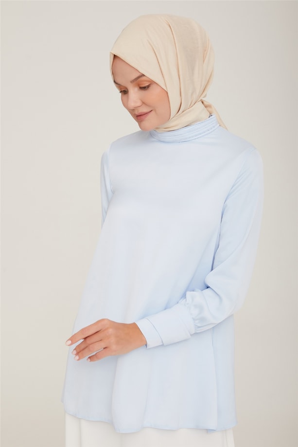 Kolu Çift İlikli Saten Bluz 22K3204 Bebe Mavisi