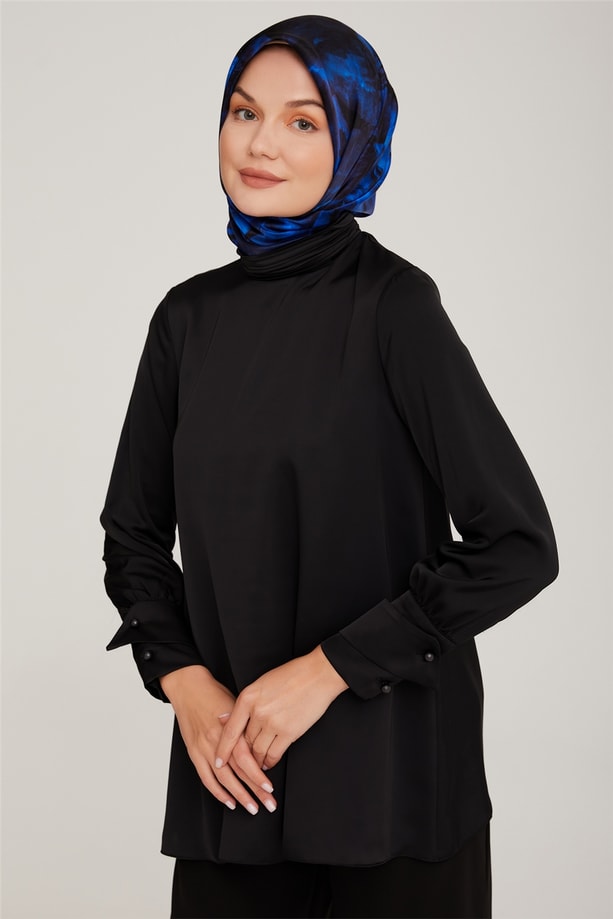 Kolu Çift İlikli Saten Bluz 22K3204 Siyah