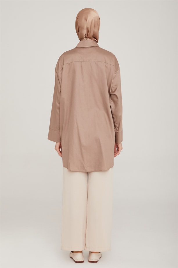 Armine Oversize Cepli Pamuk Gömlek 22K3215 Koyu  Bej