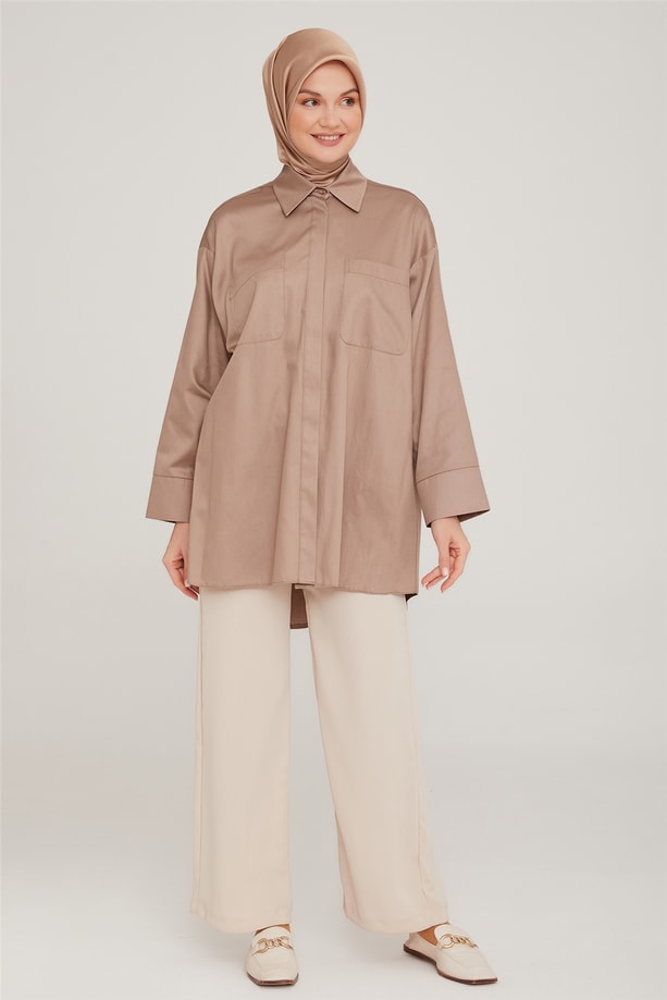 Armine Oversize Cepli Pamuk Gömlek 22K3215 Koyu  Bej