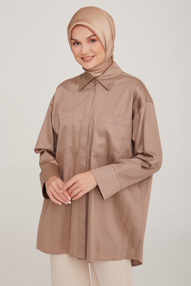 Armine Oversize Cepli Pamuk Gömlek 22K3215 Koyu  Bej