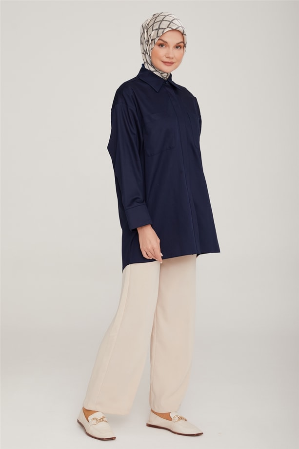 Armine Oversize Cepli Pamuk Gömlek 22K3215 Lacivert