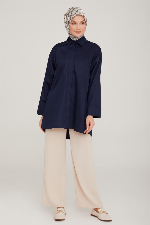 Armine Oversize Cepli Pamuk Gömlek 22K3215 Lacivert