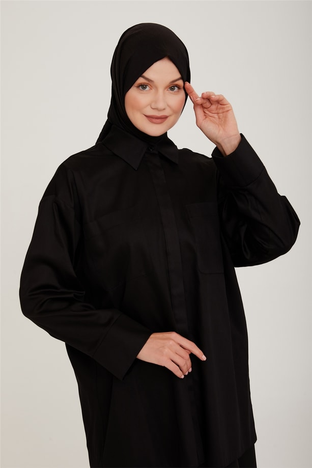 Armine Oversize Cepli Pamuk Gömlek 22K3215 Siyah