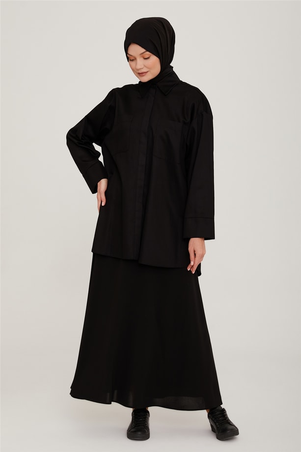 Armine Oversize Cepli Pamuk Gömlek 22K3215 Siyah