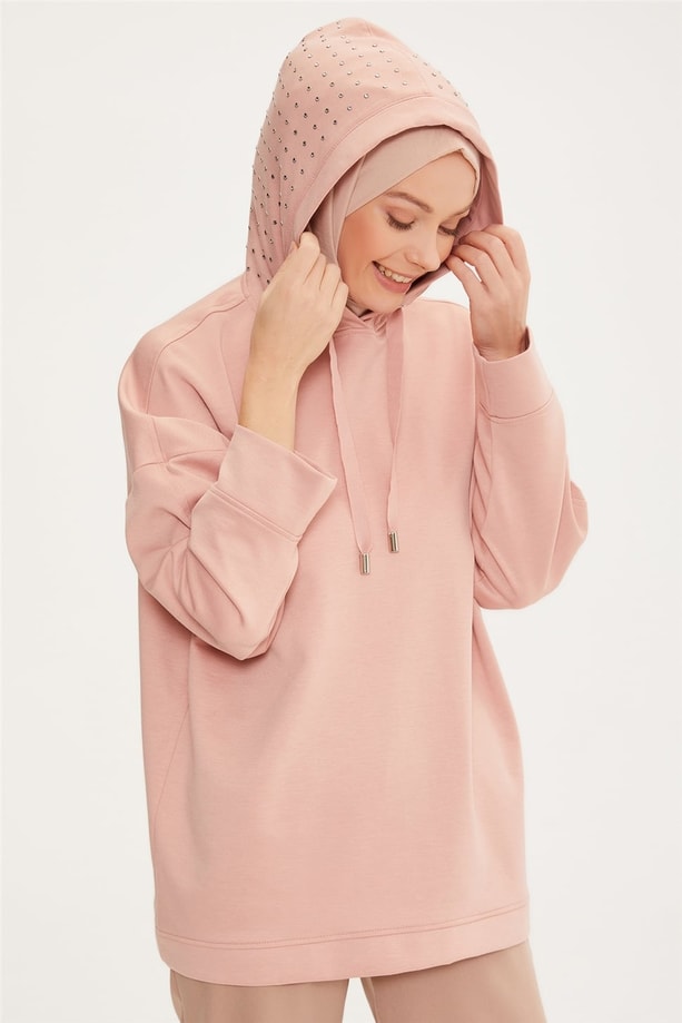 Armine Taşlı Şık Sweatshırt 22K3221 Gül