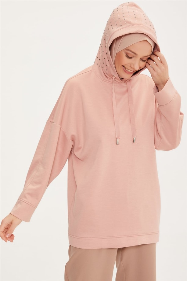 Armine Taşlı Şık Sweatshırt 22K3221 Gül
