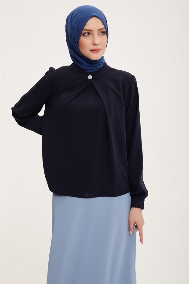 Armine Önü Pileli Bluz 22K3232 Lacivert