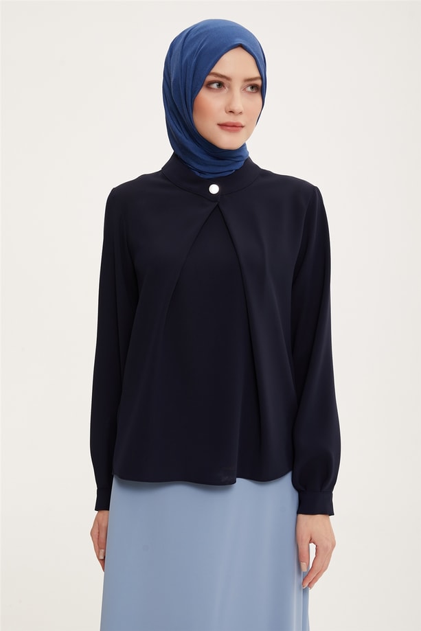 Armine Önü Pileli Bluz 22K3232 Lacivert